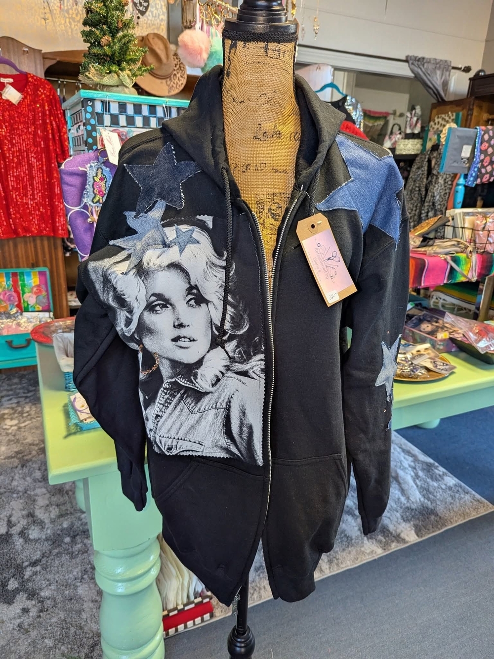 Women's Black Graphic Zip Hoodie Jacket with Star Appliqués
